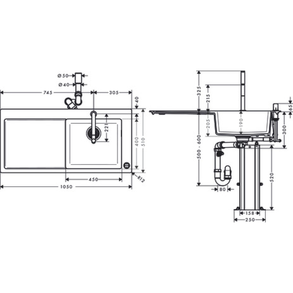 Чертеж Кухонная комбинация hansgrohe 450 с крылом C51-F450-08 43219000
