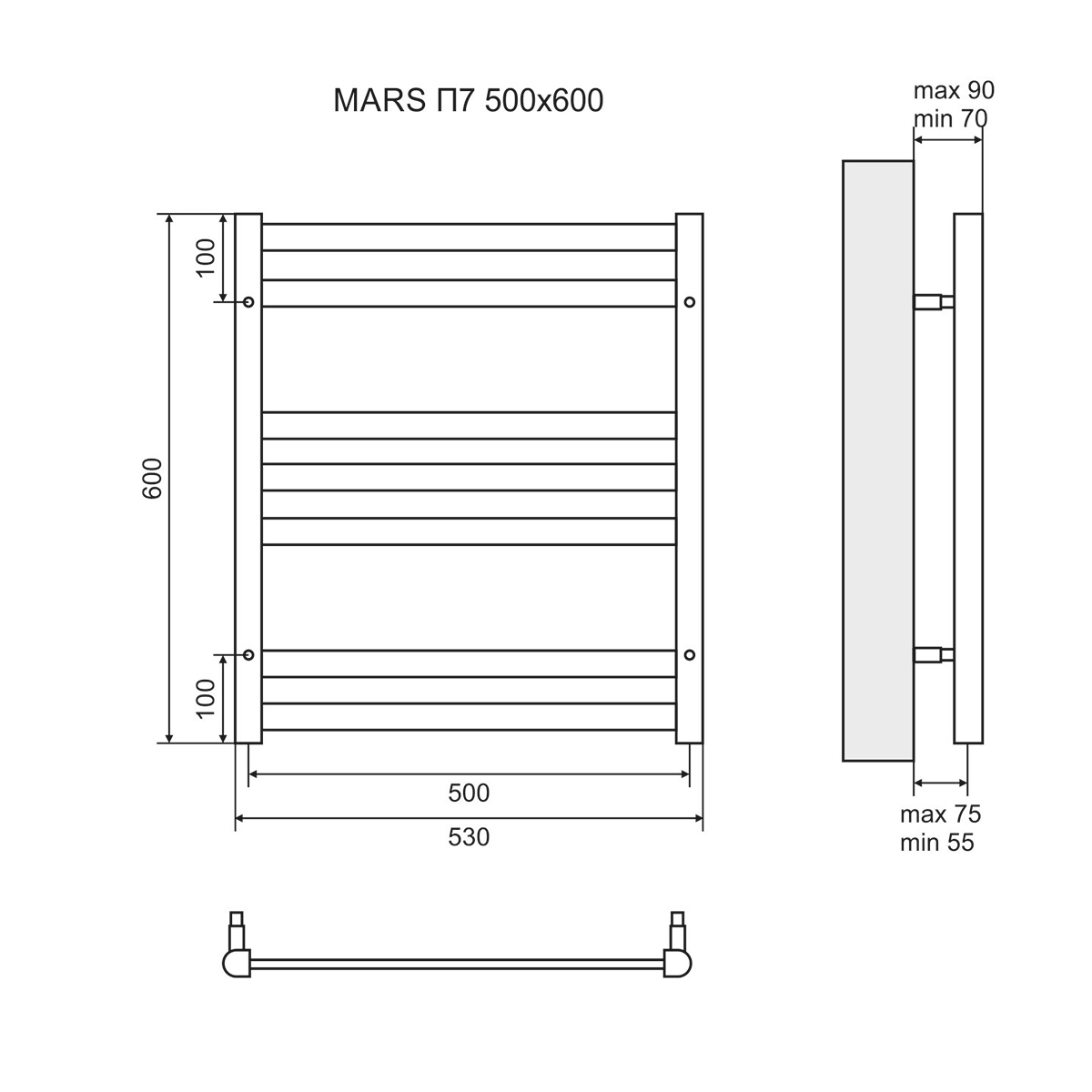 Чертеж Полотенцесушитель электрический Lemark Mars LM35607E П7 500x600, левый/правый