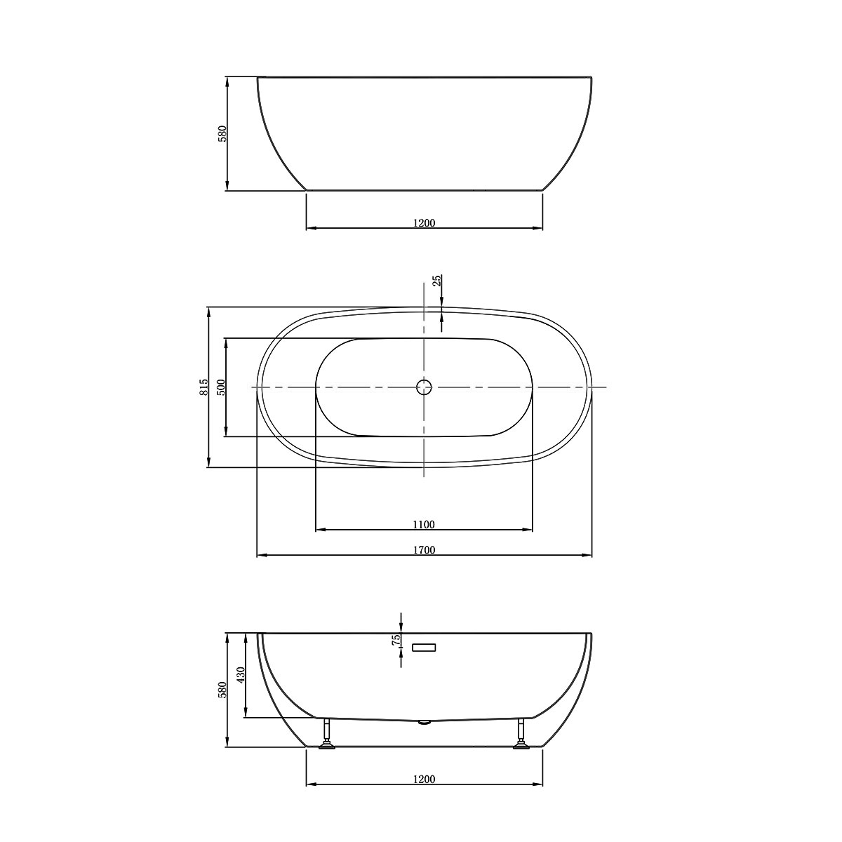 Чертеж Акриловая ванна Vincea 170x81 VBT-408-1700