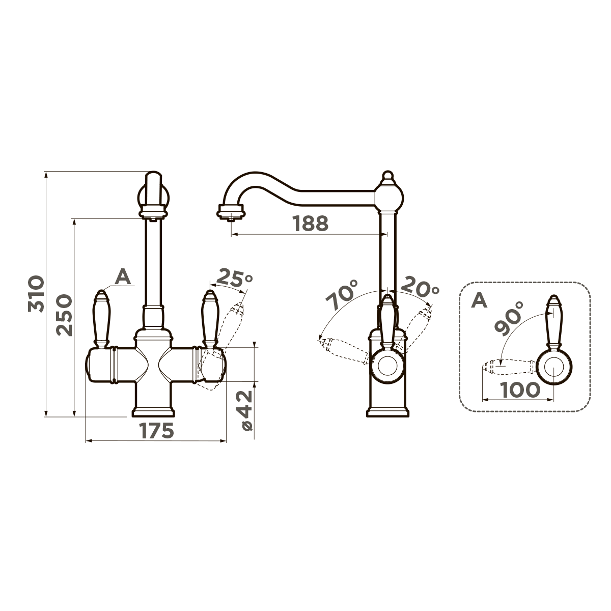 Чертеж Смеситель для кухни Omoikiri Tottori-SI 4994046 античное серебро