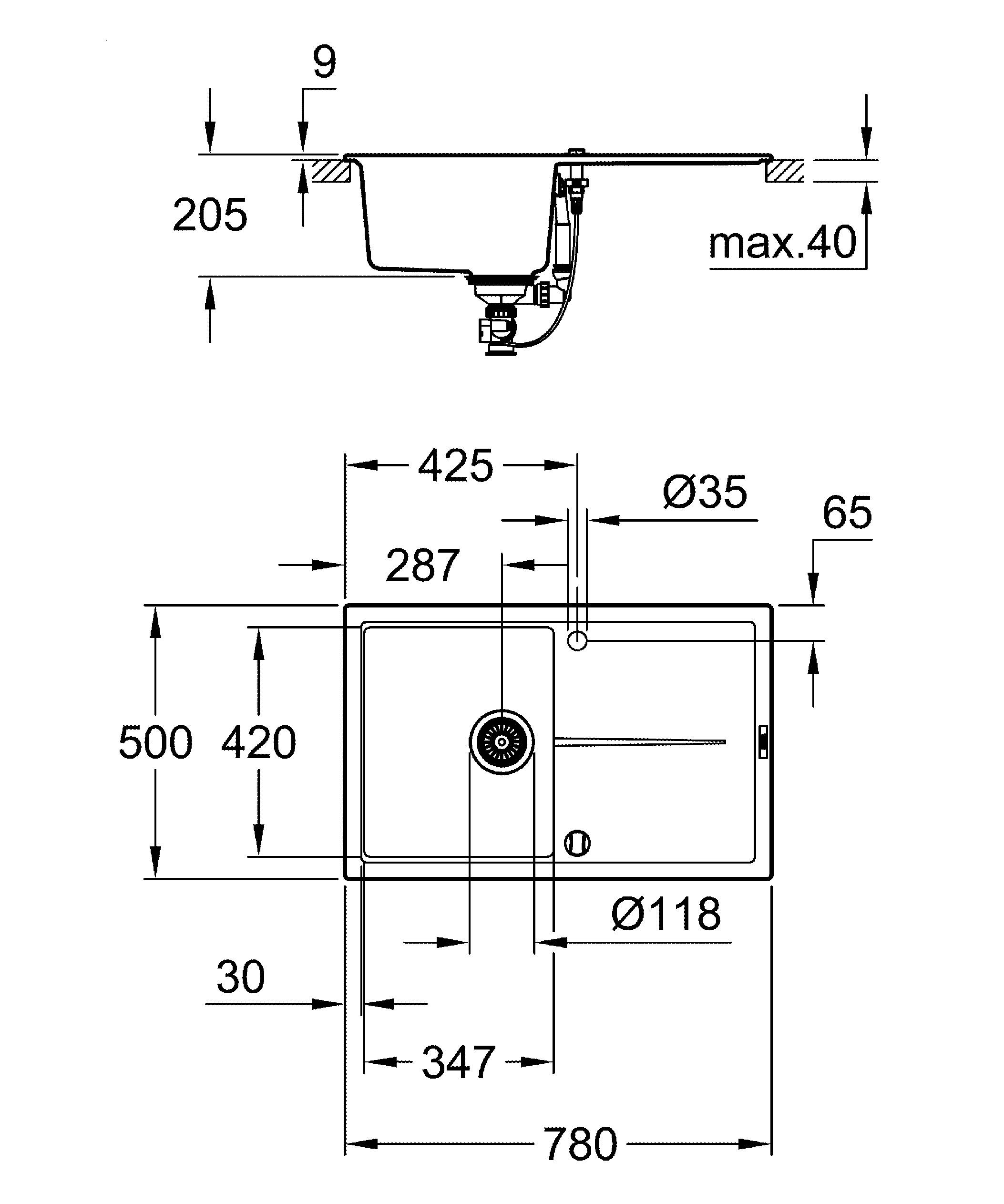 Чертеж Кухонная мойка Grohe K400 31639AT0 серый гранит