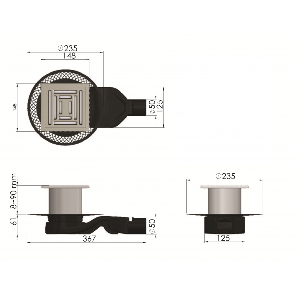 Чертеж Душевой трап Berges PLATZ Uno 150x150 090170 матовый хром