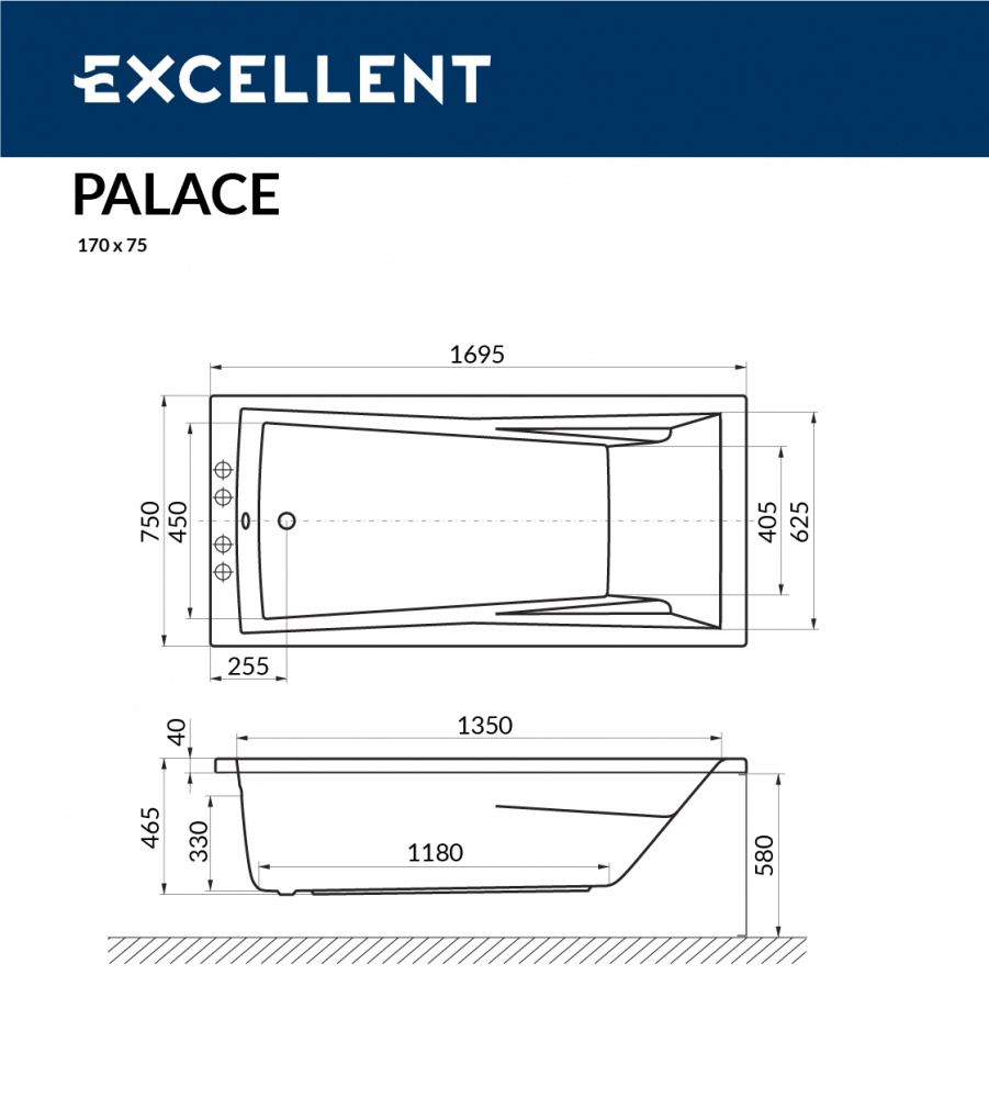 Чертеж Акриловая ванна Excellent PALACE 170x75 WAEX.PAL17WH