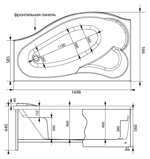 Чертеж Акриловая ванна Aquanet Palma 170x100 204022 левая