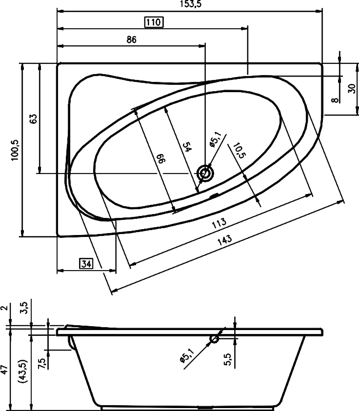 Чертеж Акриловая ванна Riho Lyra 153x100 BA6700500000000 (B021001005) правая