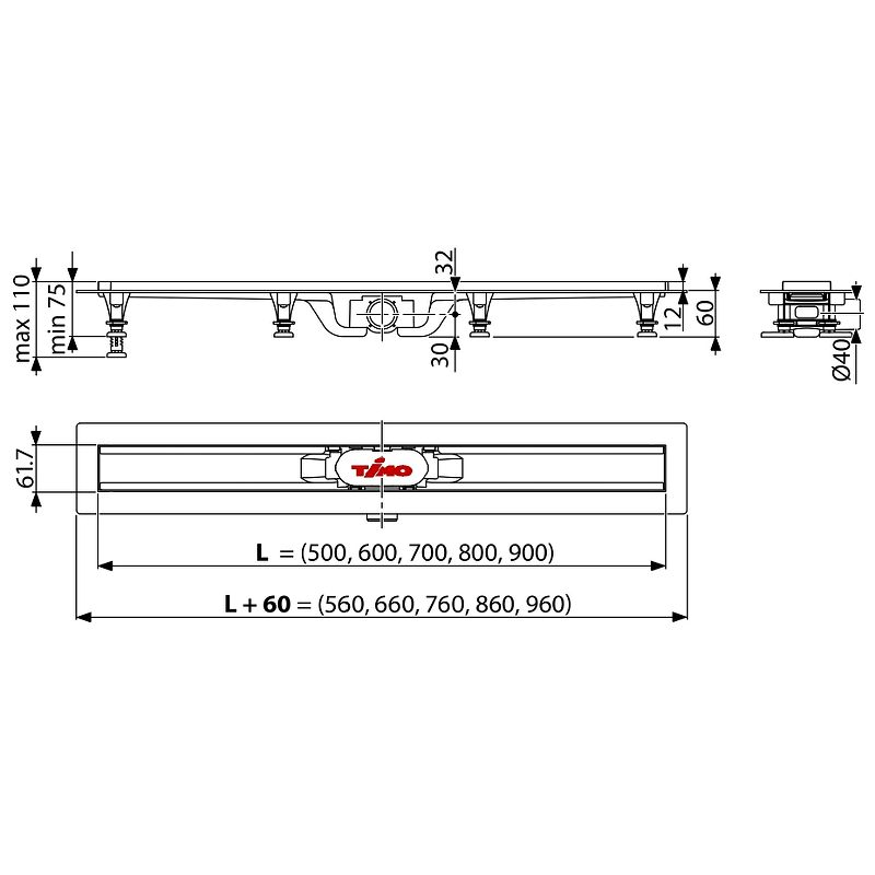 Чертеж Душевой лоток Timo Eco 70 SP10-700
