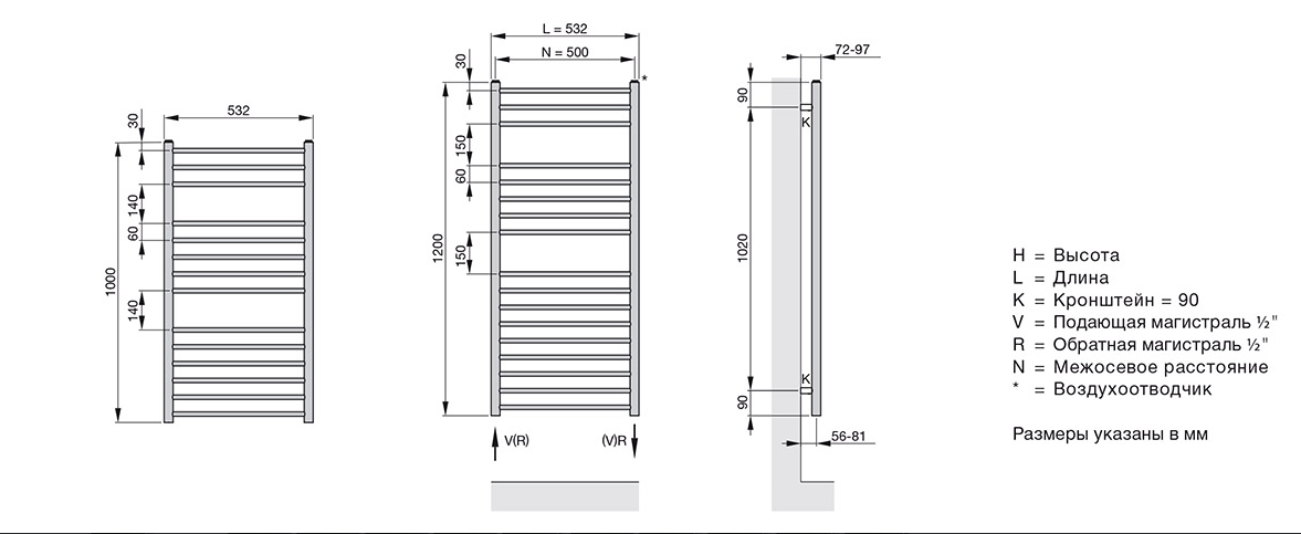 Чертеж Полотенцесушитель водяной Zehnder Bluebell BLU-100-053 шлифованная нержавеющая сталь