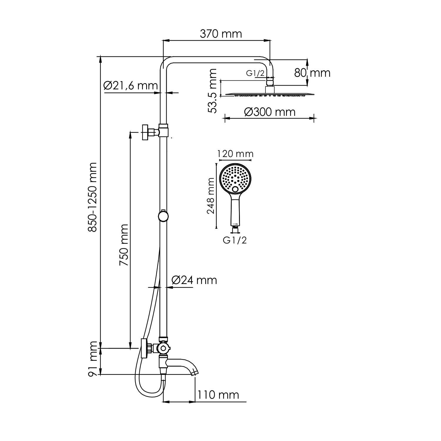 Чертеж Душевая стойка WasserKRAFT A188.263.207.PG Thermo глянцевое золото