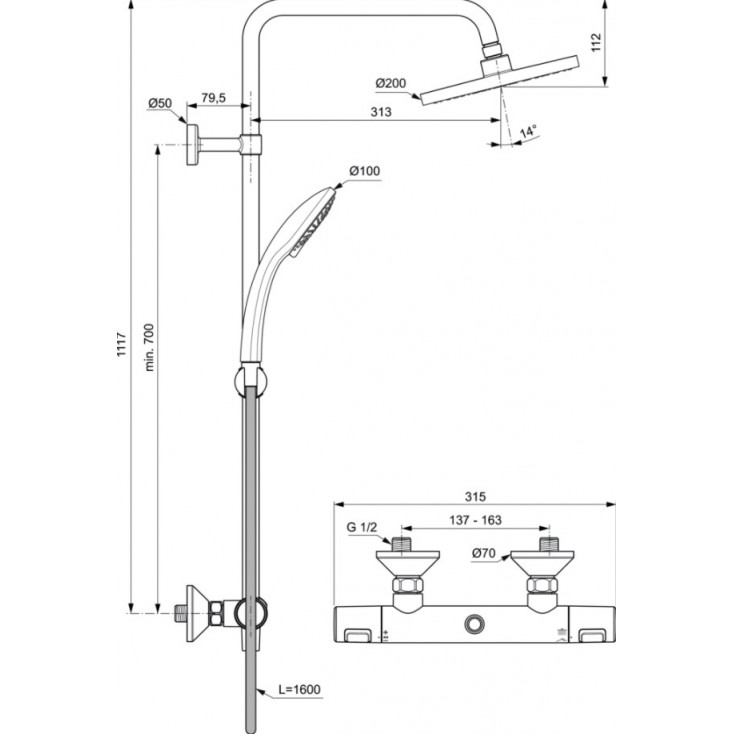 Чертеж Душевая система Ideal Standard Ceratherm T25 A7208AA