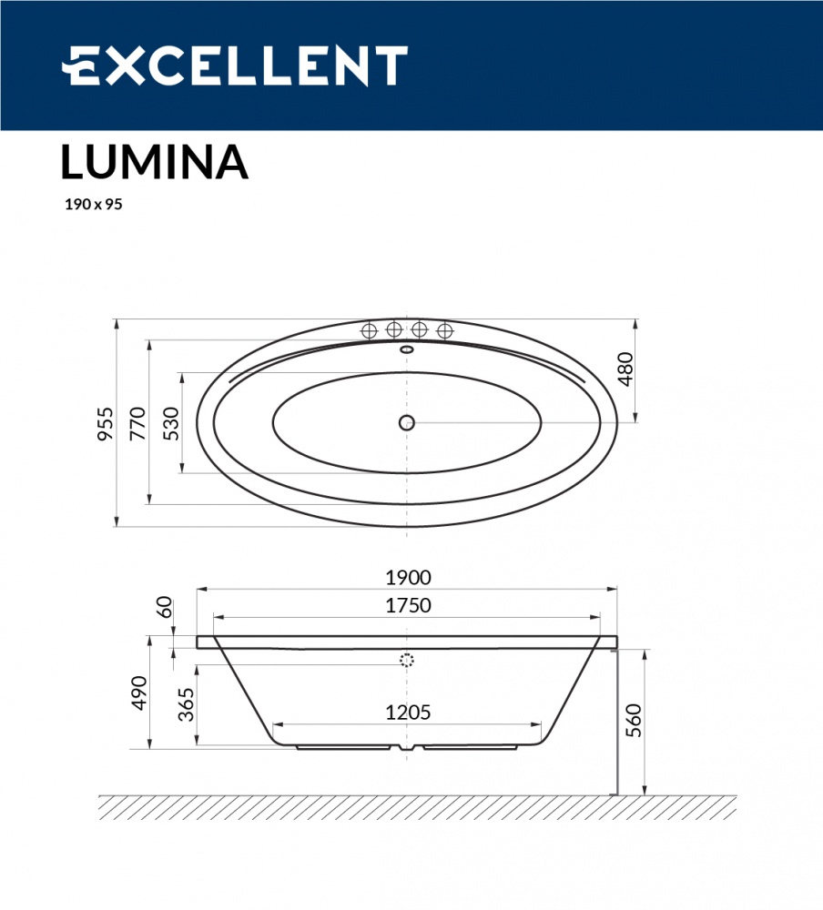 Чертеж Акриловая ванна Excellent LUMINA 190x95 WAEX.LUM19WH