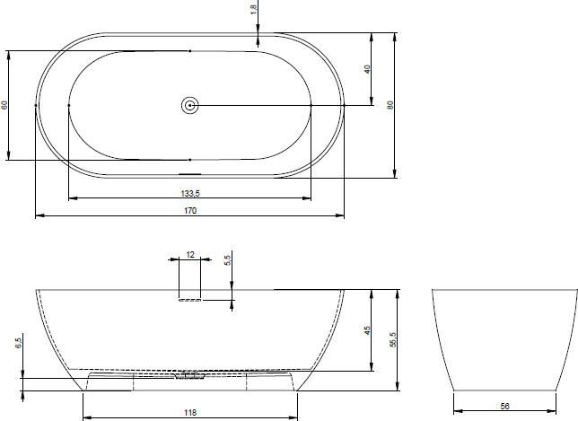 Чертеж Ванна из литого мрамора Riho Bilbao 170x80 BS1000500000000 (B118001105)