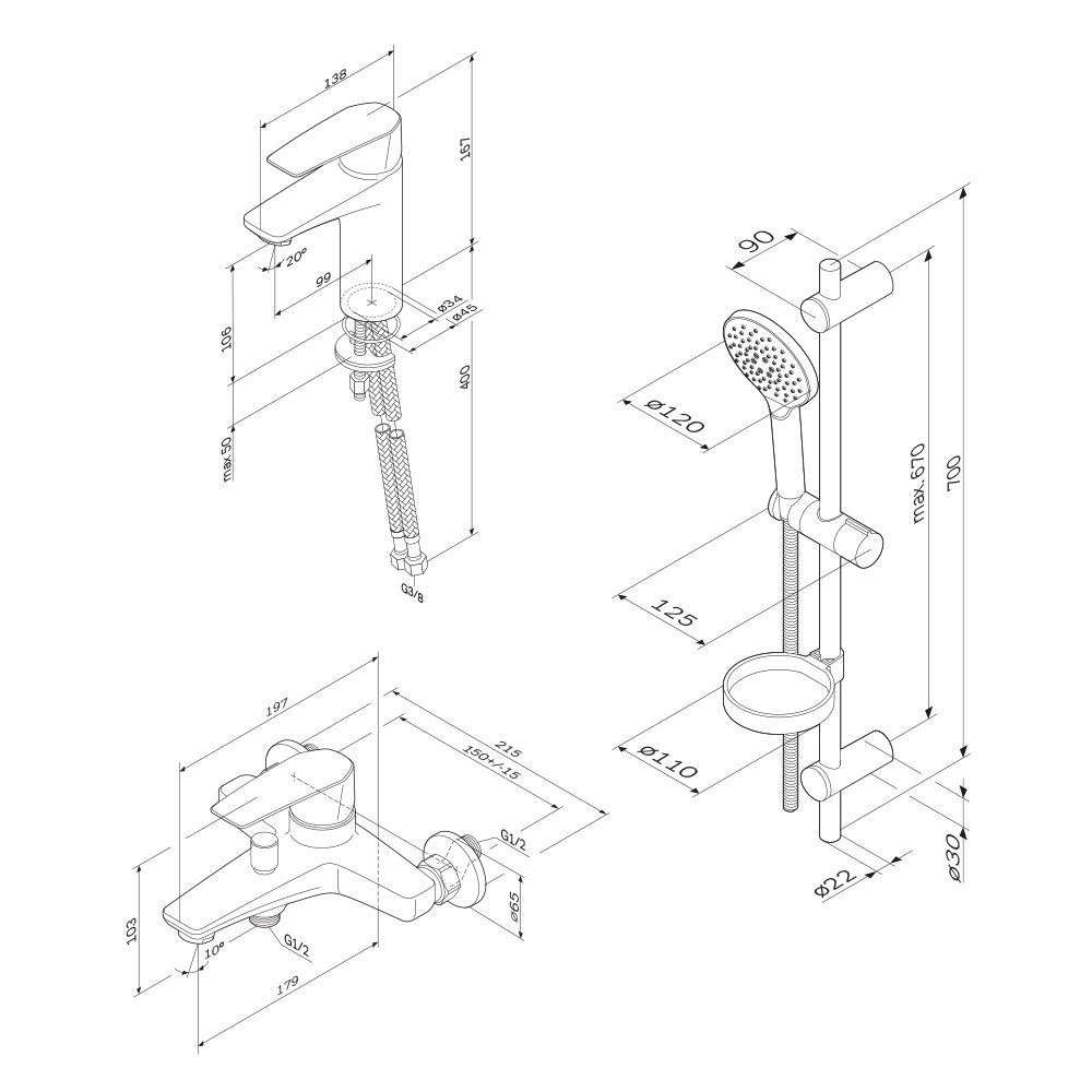 Чертеж Комплект смесителей AM.PM Gem F40990A00