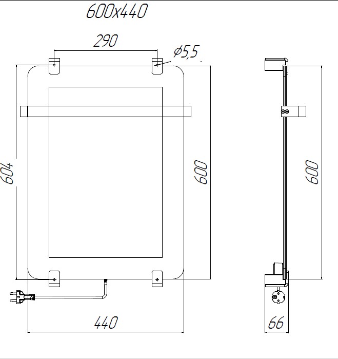 Чертеж Полотенцесушитель электрический Allen Brau Infinity 60x44 с рейлингом и креплением
