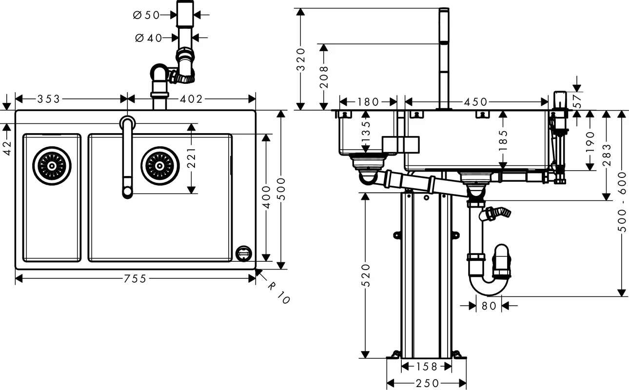 Чертеж Кухонная комбинация hansgrohe C71-F655-09 43206000 хром