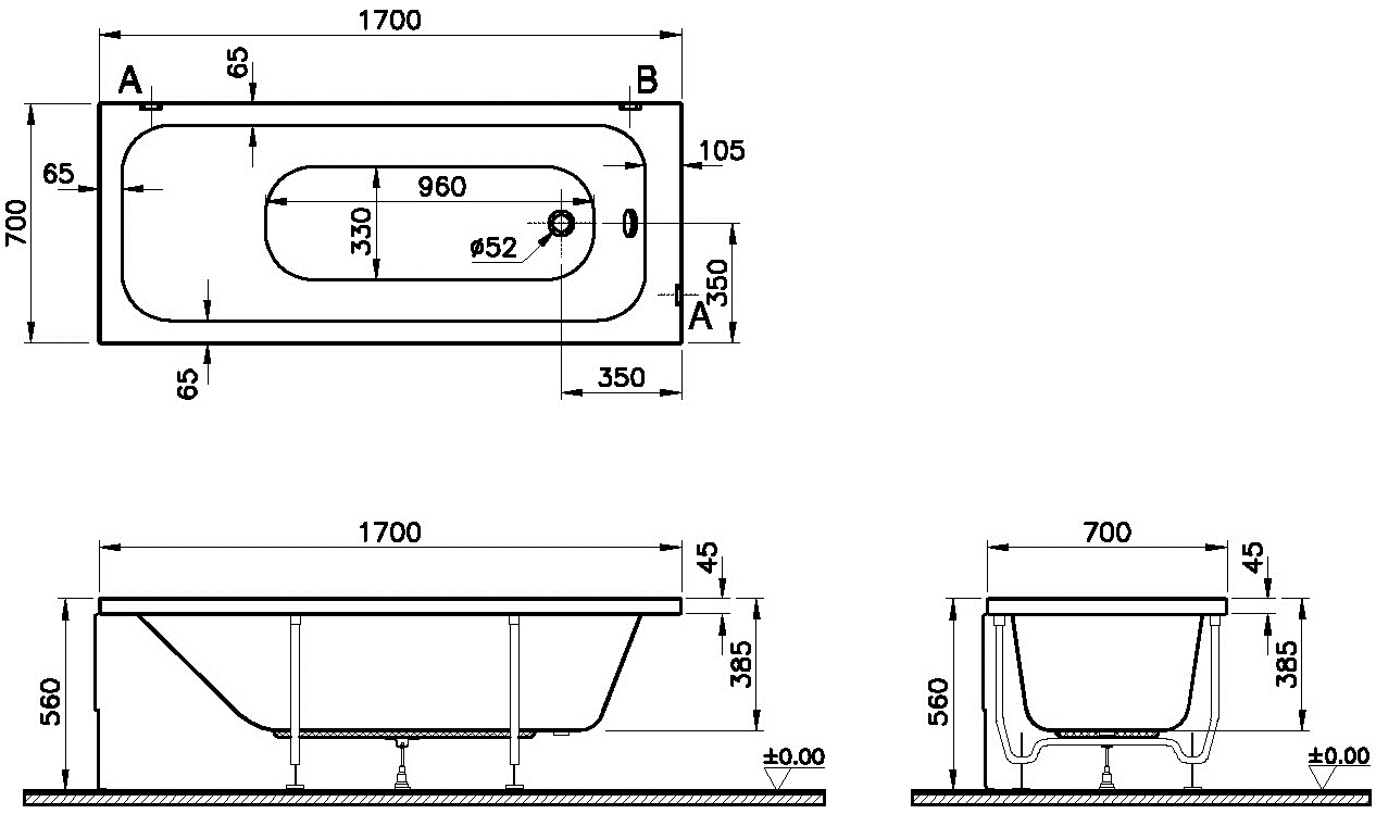 Чертеж Акриловая ванна Vitra Optimum Neo 170x70 64530001000