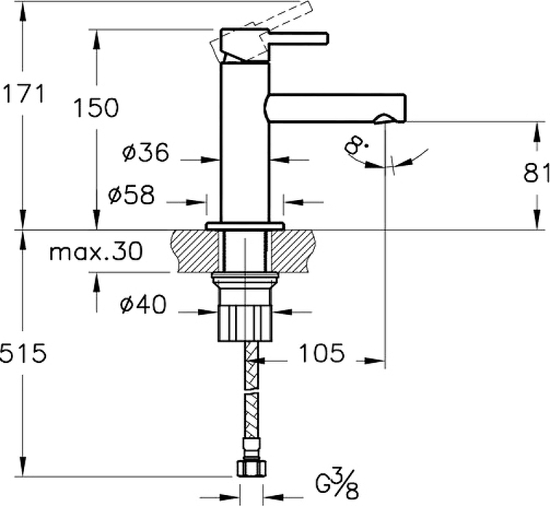 Чертеж Смеситель для раковины Vitra Origin A4255526 медь