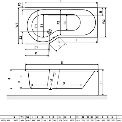 Чертеж Акриловая ванна Excellent Be Spot 160x80 WAEX.BSP16WH R