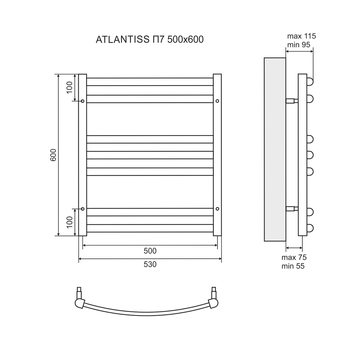 Чертеж Полотенцесушитель электрический Lemark Atlantiss П7 LM32607REBL 500x600, левый/правый, черный