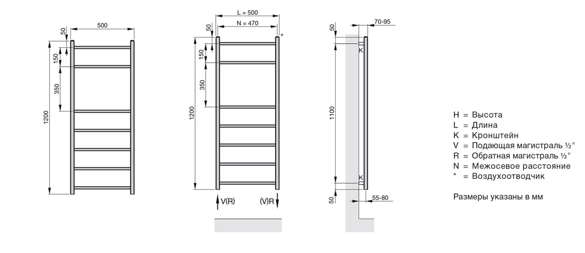 Чертеж Полотенцесушитель водяной Zehnder Diva DIV-120-050 шлифованная нержавеющая сталь