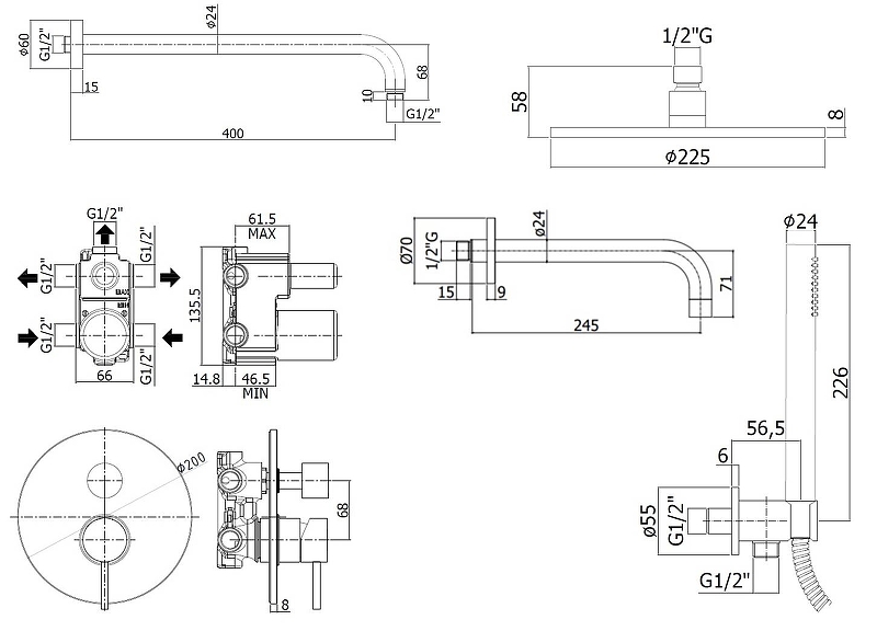 Чертеж Душевой комплект Paffoni Light KITLIG019CR141