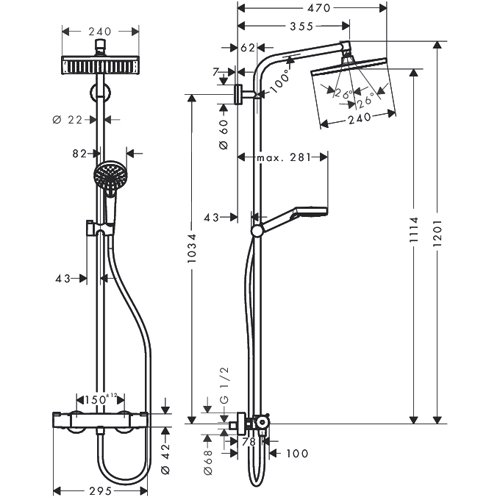 Чертеж Душевая стойка hansgrohe Crometta Е 240 1jet Showerpipe 27271000