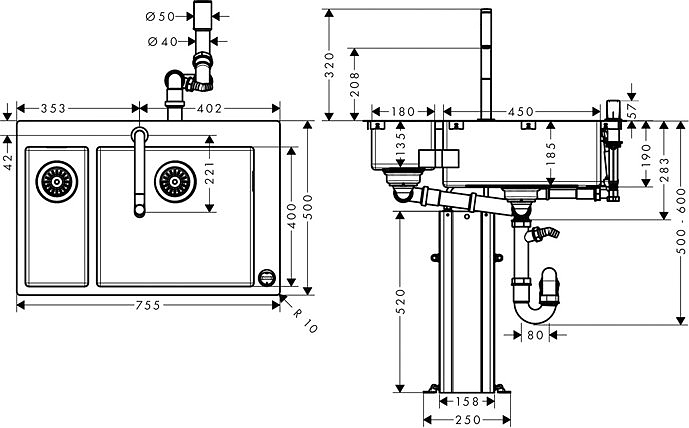 Чертеж Кухонная комбинация hansgrohe C71-F655-09 43206800 сталь