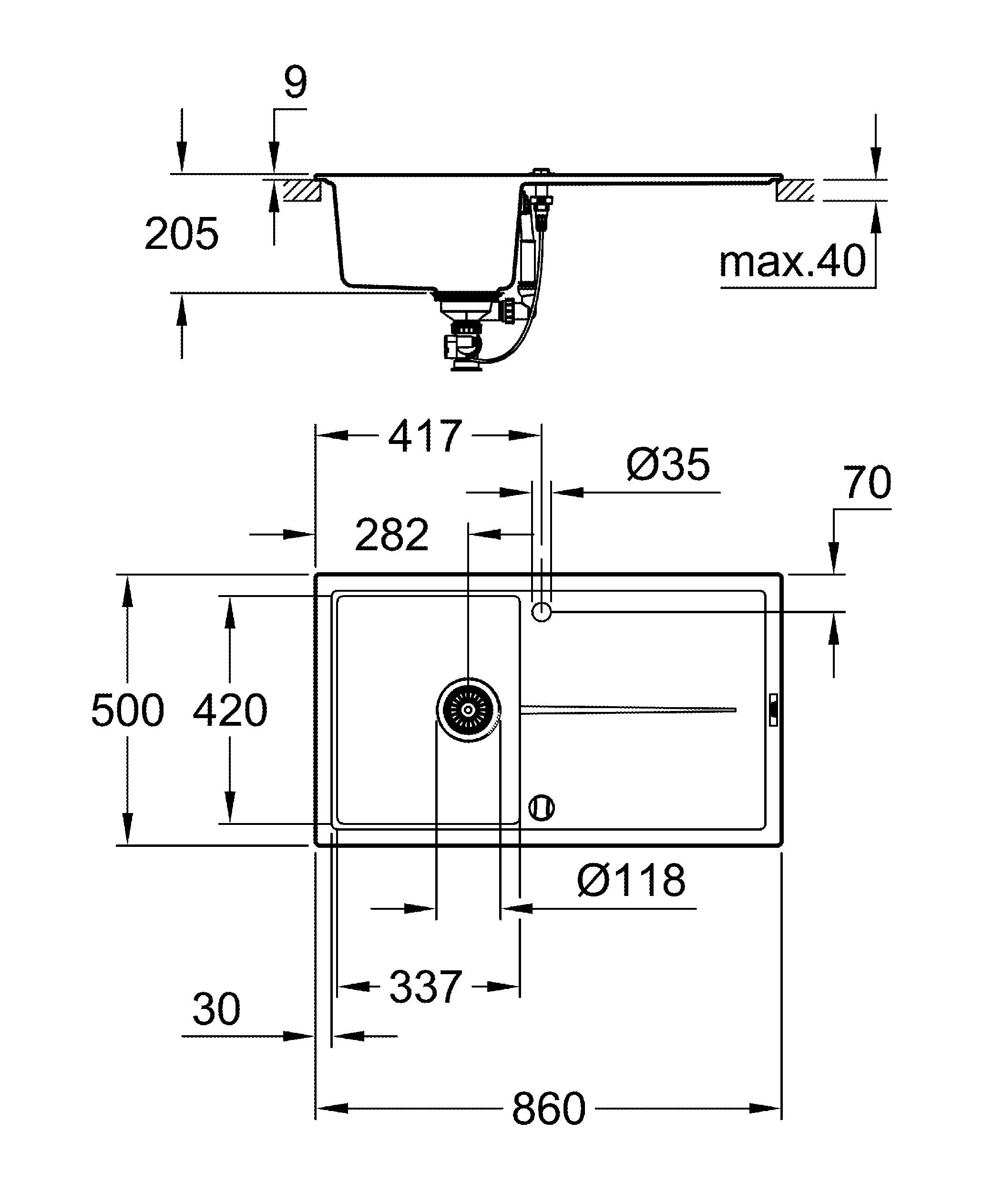 Чертеж Кухонная мойка Grohe K400 31640AP0 черный гранит