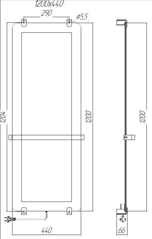 Чертеж Полотенцесушитель электрический Allen Brau Infinity 120x44 с рейлингом и креплением