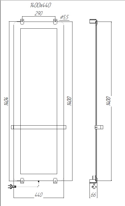 Чертеж Полотенцесушитель электрический Allen Brau Infinity 140x44 с рейлингом и креплением