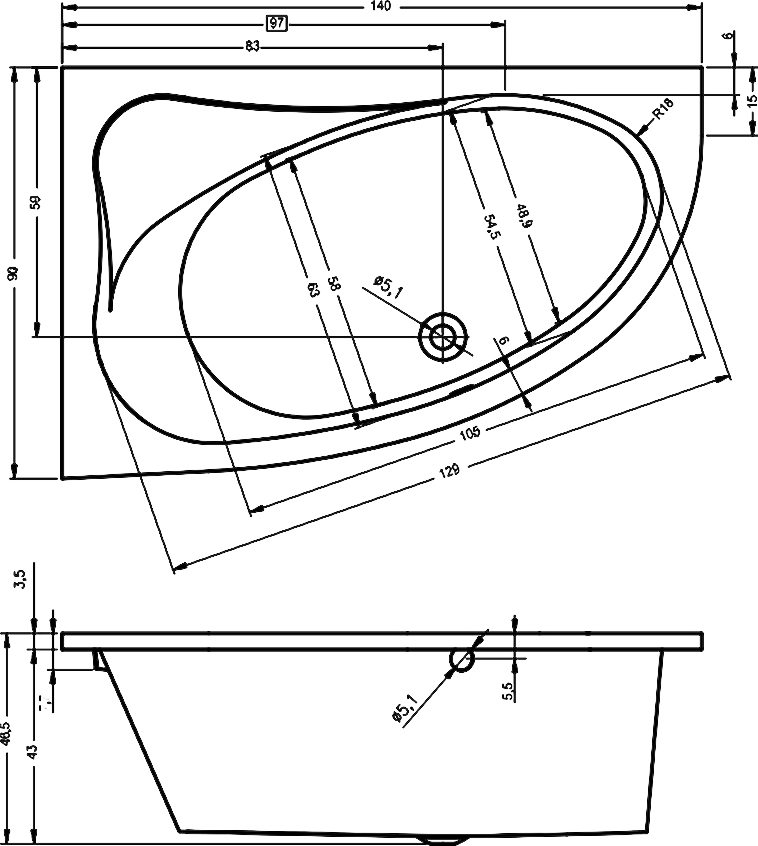 Чертеж Акриловая ванна Riho Lyra 140x90 BA6500500000000 (B019001005) правая
