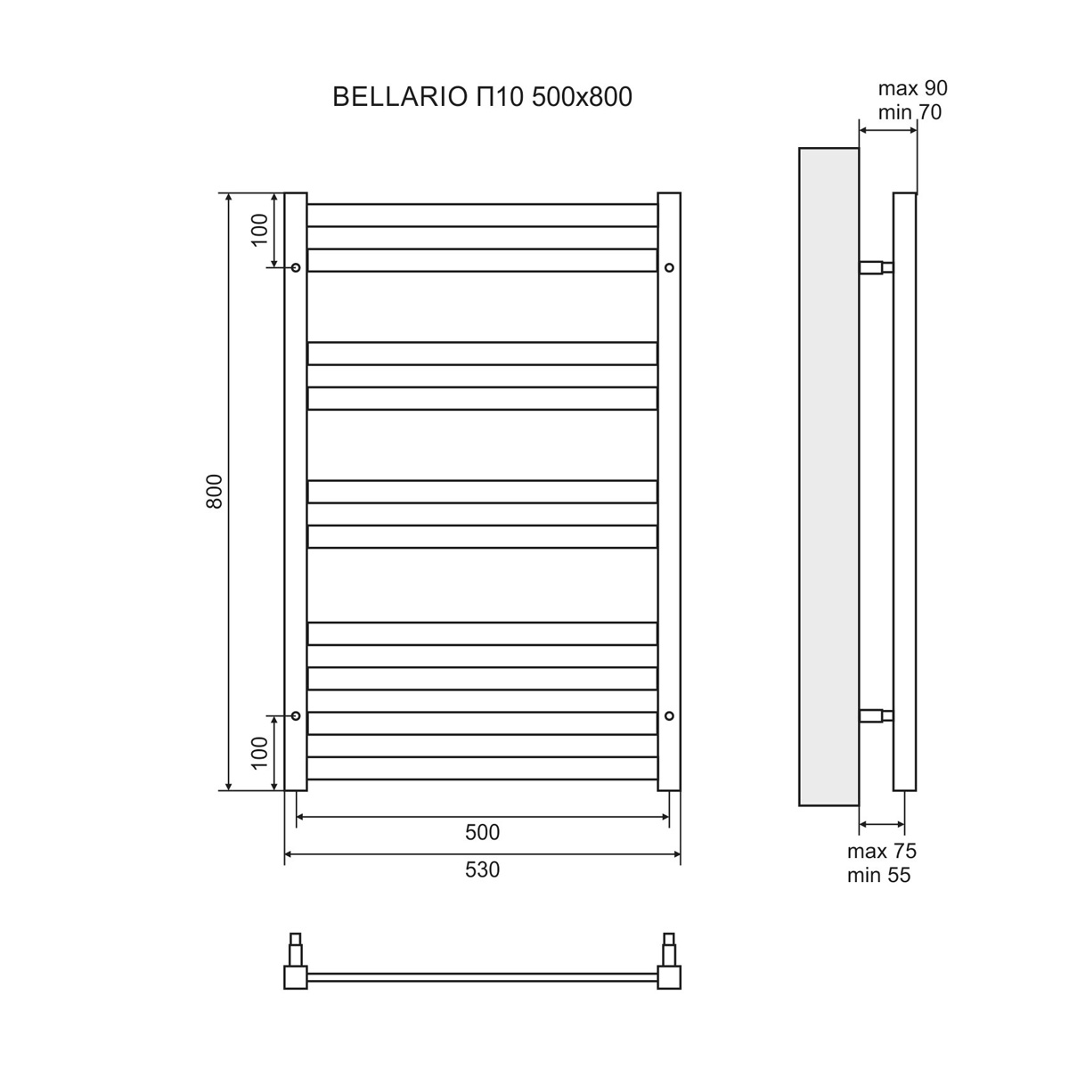 Чертеж Полотенцесушитель электрический Lemark Bellario LM68810E П10 500x800, левый/правый