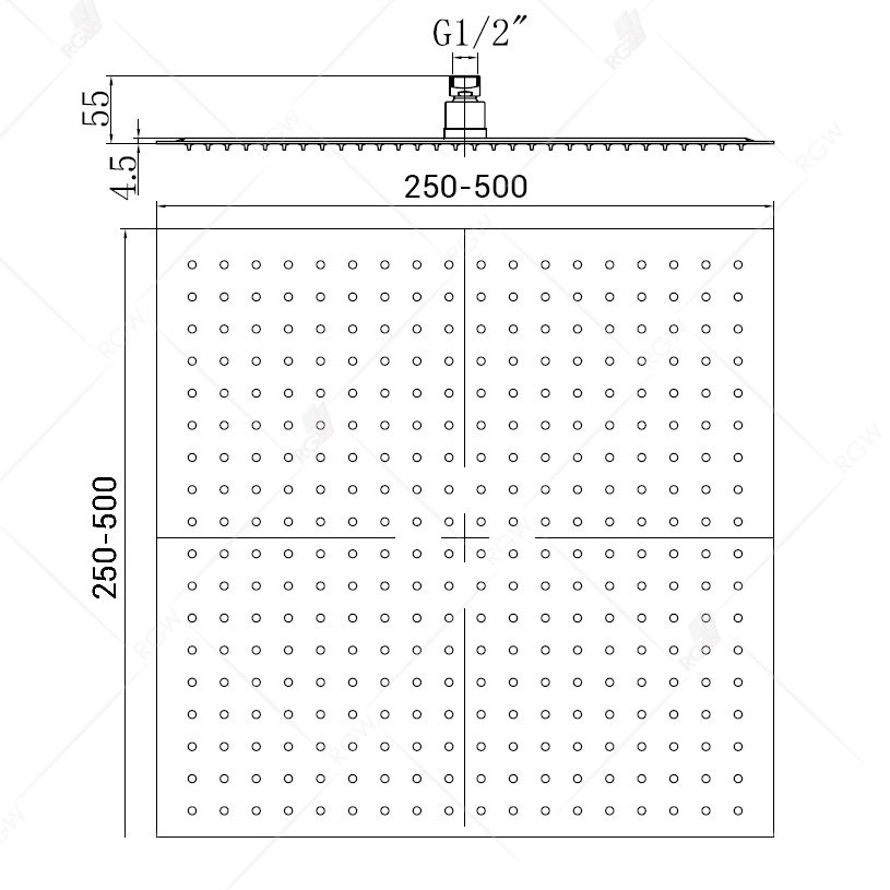 Чертеж Верхний душ RGW SP-82 Shower Panels 21148225-01 квадратный 250 мм хром