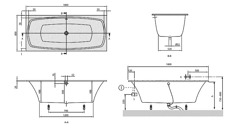 Чертеж Квариловая ванна Villeroy&Boch My Art 180x80 UBQ180MYA2V-01