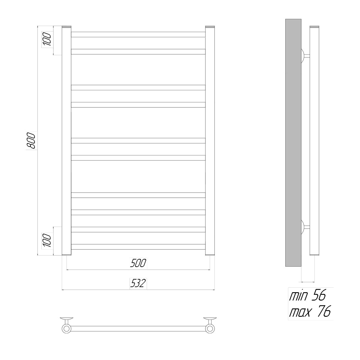Чертеж Полотенцесушитель электрический Lemark Ursus LM72810Е П10 500x800, левый/правый, хром