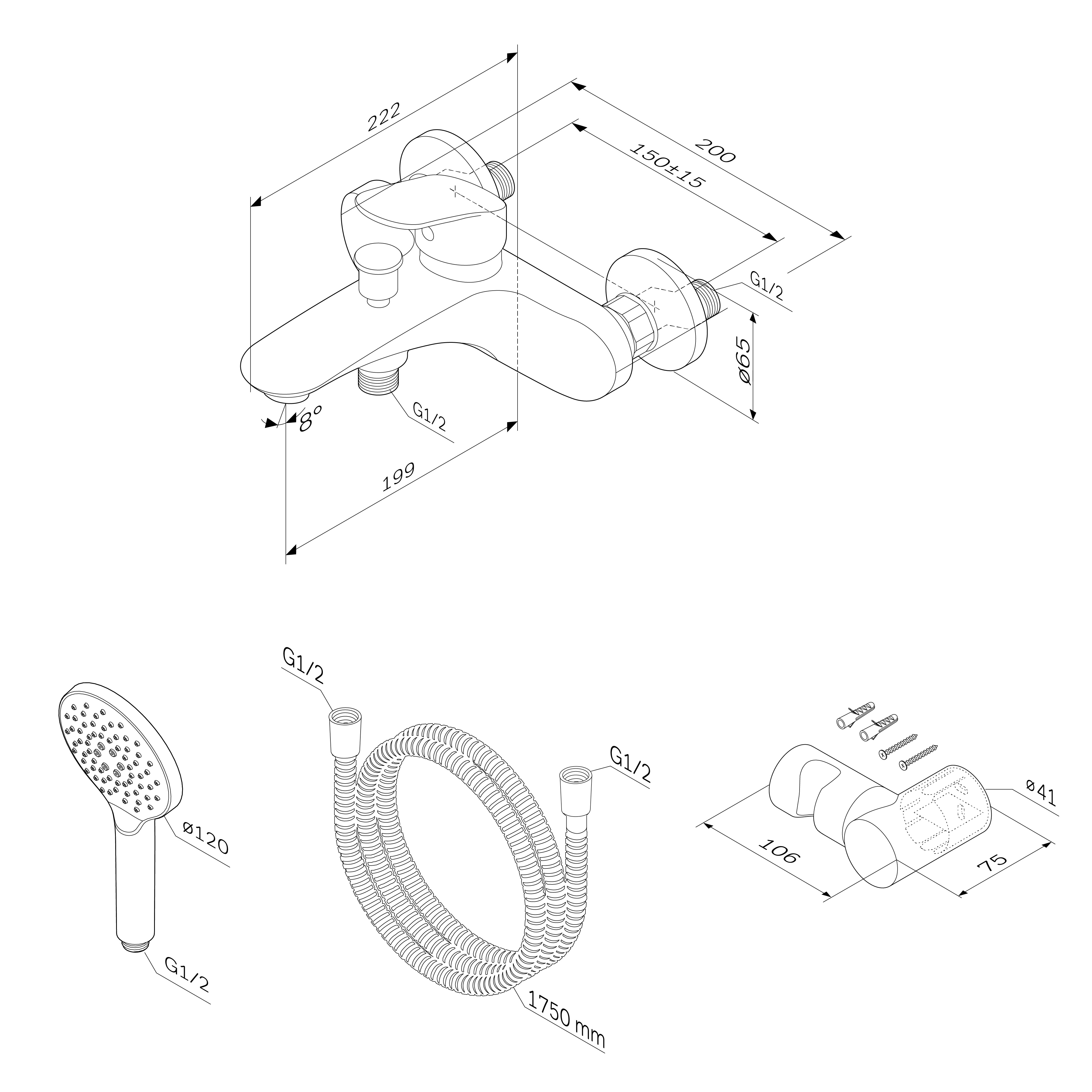 Чертеж Смеситель для ванны и душа AM.PM Like F8015000 хром