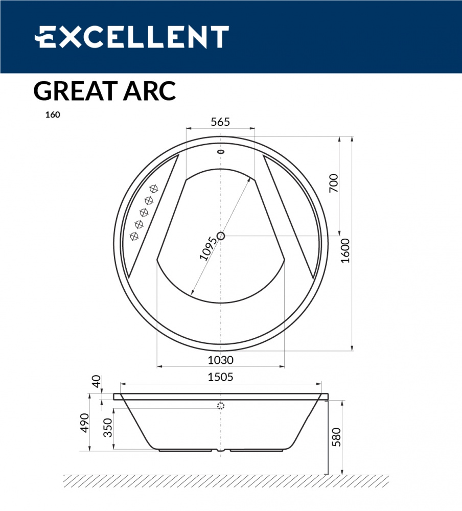 Чертеж Акриловая ванна Excellent Great Arc 160x160 WAEX.GRE16WH