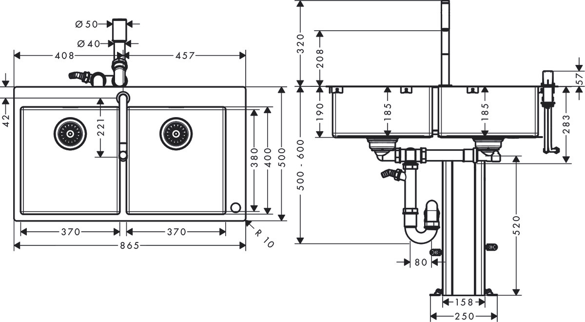 Чертеж Кухонная комбинация hansgrohe 370/370 C71-F765-10 43203800 сталь